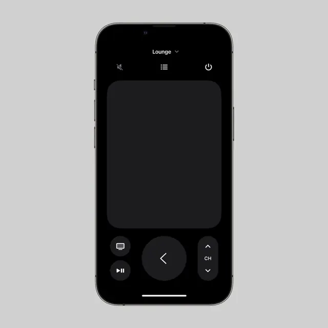 Dark-mode mobile media remote interface with circular and rectangular buttons, minimal, dark-mode, dark