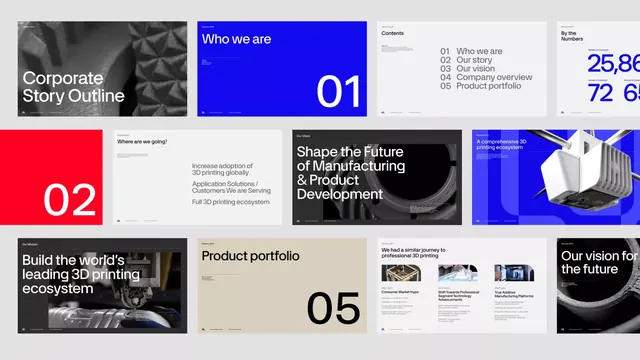 Corporate presentation deck with blue keynote spreads, corporate-clean, minimal, light