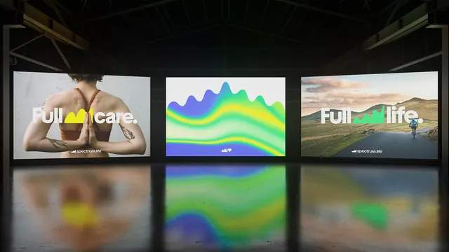 Wellness brand multi-screen display installation, minimal, photographic, dark