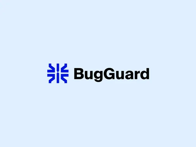 BugGuard geometric logo on light blue, minimal, corporate-clean, cool
