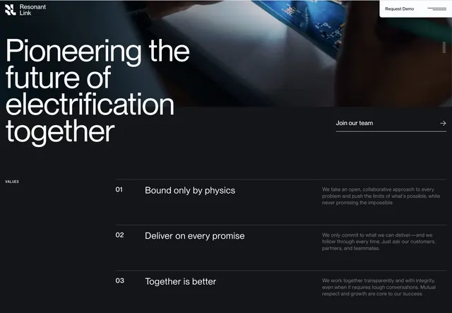 Dark landing page hero with values section, dark-mode, corporate-clean, dark
