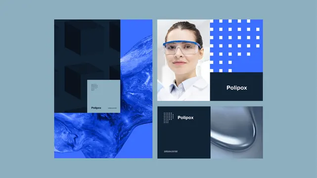 Polipox biotech brand identity grid, minimal, corporate-clean, light