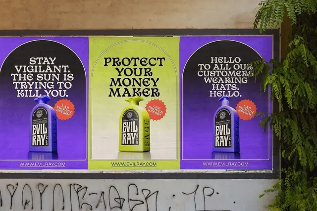Evil Ray sunscreen product advertorials, playful, photographic, vibrant
