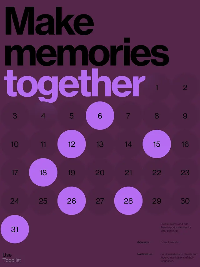 Purple calendar UI with numbered circles, minimal, geometric, dark