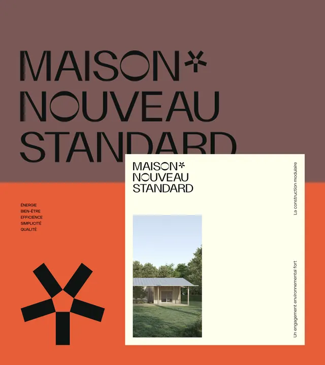 Maison Nouveau Standard typographic poster with geometric mark and architectural image, minimal, corporate-clean, dark