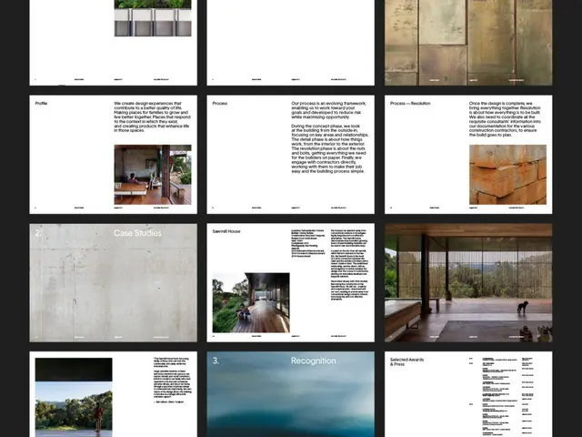 Architecture studio portfolio documentation grid, minimal, editorial, earthy