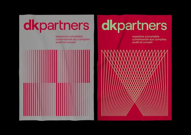 DK Partners split-panel stripe identity, geometric, minimal, warm