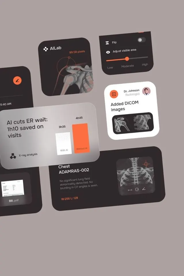 AILab medical dashboard UI mockup, minimal, dark-mode, dark