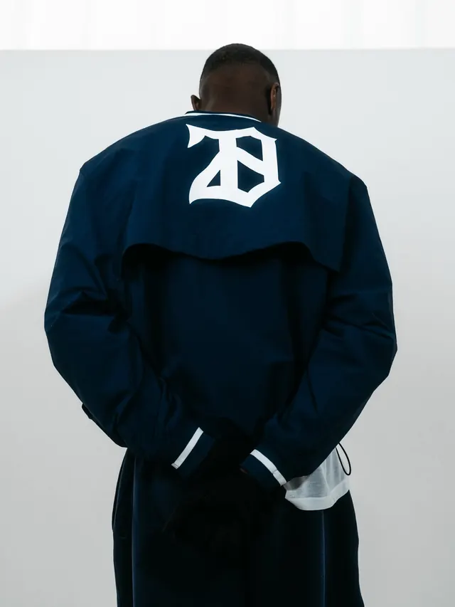 Navy varsity jacket back print, minimal, light