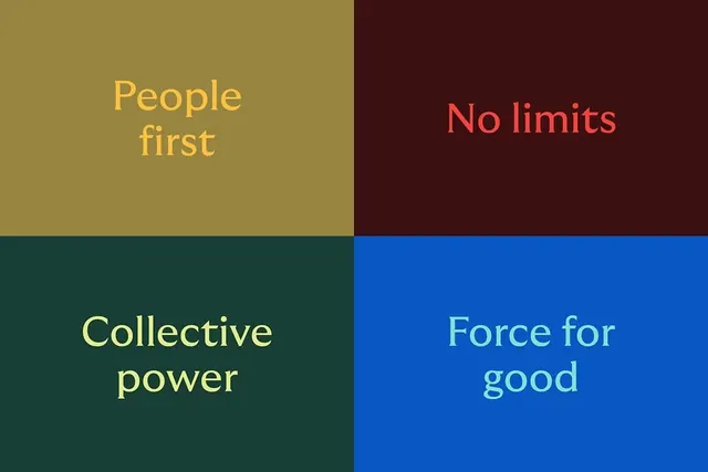 Four-quadrant corporate values grid, minimal, corporate-clean, warm