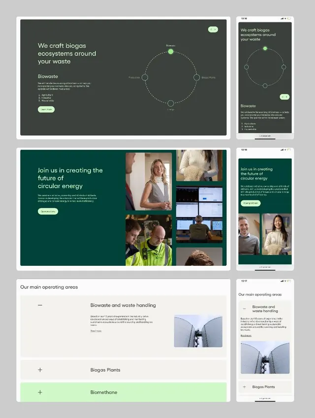 Biotech startup product UI mockup with dark green interface, minimal, corporate-clean, light