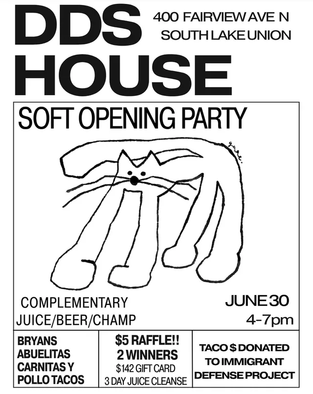 DDS House soft opening party poster, minimal, brutalist, dark