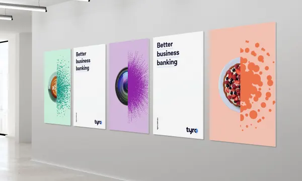 Tyro banking brand posters with gradient circles, minimal, corporate-clean, light