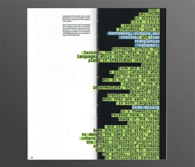 Highlighted linguistics research excerpt with color-coded terminology, minimal, monochrome, dark