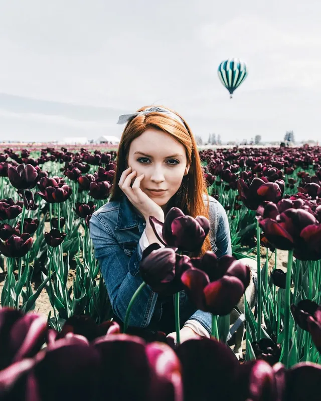 Woman in Tulip Field, photographic, organic, muted