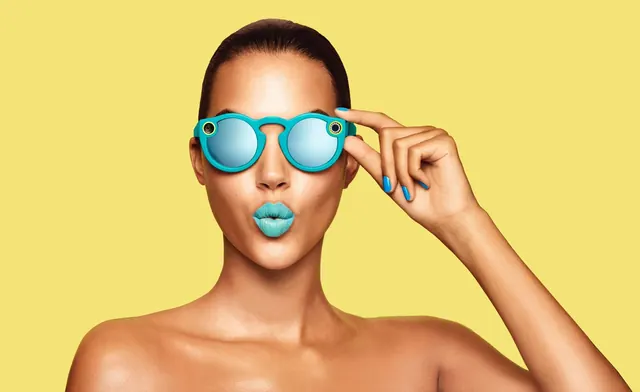 Model with Blue Sunglasses, minimal, photographic, vibrant