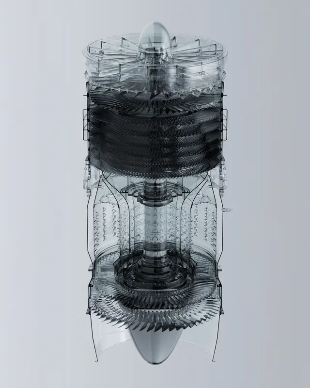 Detailed 3D cutaway render of jet engine turbine, technical, 3d-render, light