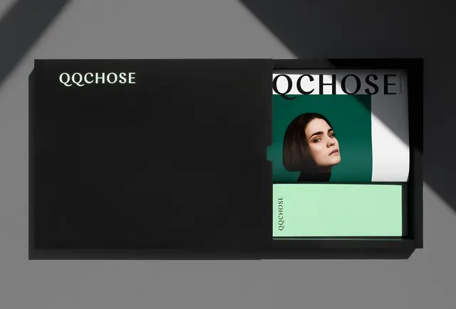 QCHOSE Brand Identity Mockup, minimal, corporate-clean, dark