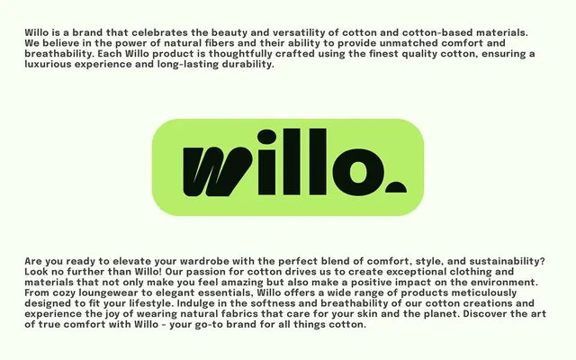 Willo cotton brand identity with bright lime wordmark, minimal, organic, dark