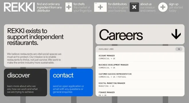 REKKI B2B ingredient sourcing careers page, minimal, corporate-clean, light