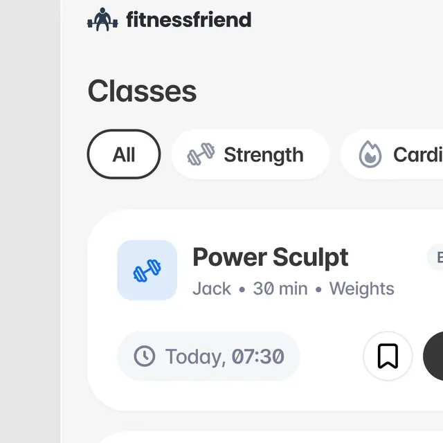 Fitness app class browser with minimalist tab filters, minimal, flat, light