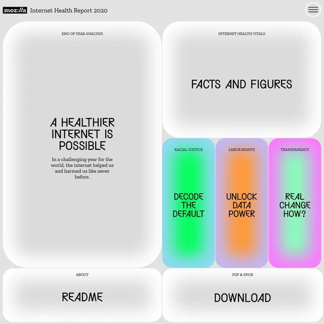 Mozilla Internet Health Report split-panel layout, minimal, gradient-heavy, light