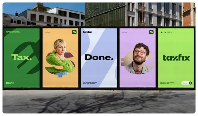 Colorful tax brand billboard campaign, playful, geometric, vibrant
