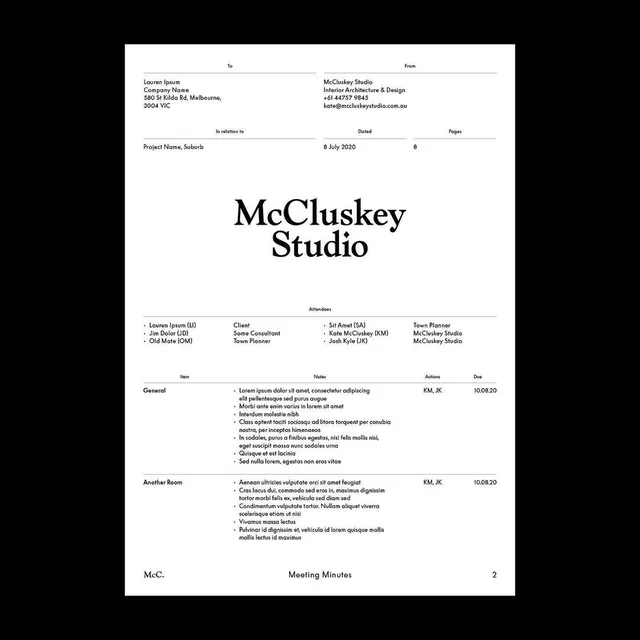 McCluskey Studio meeting minutes template, minimal, corporate-clean, light