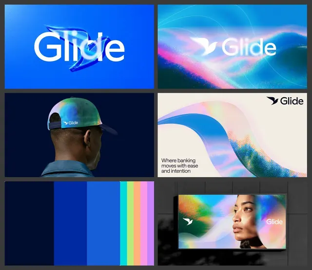 Glide fintech brand system with fluid gradients, gradient-heavy, abstract, cool