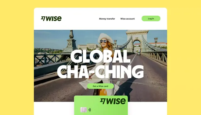 Wise fintech hero with oversized headline over travel photography, light-mode, gradient-heavy, vibrant