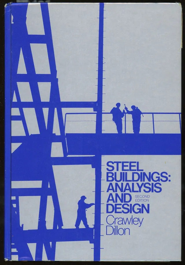 Technical book cover: steel structure silhouette with bold type, minimal, technical, dark