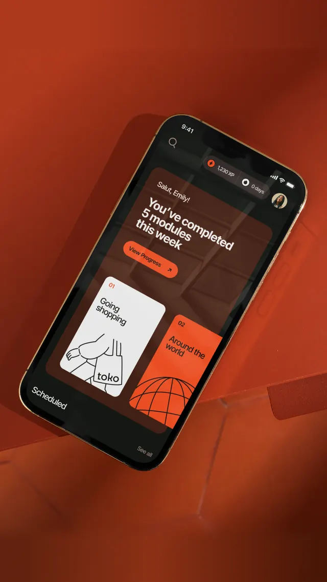 Dark mobile app screen with terracotta accents, dark-mode, minimal, dark