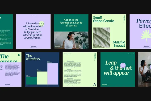 Presentation slide grid with color-blocked segments, minimal, corporate-clean, warm