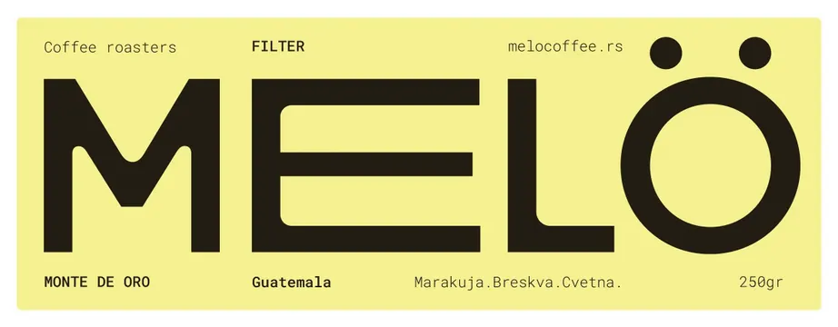 Melo coffee roasters label with monolithic letterforms, minimal, geometric, dark