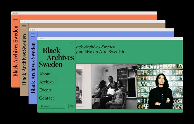 Black Archives Sweden browser window mockup, minimal, corporate-clean, warm