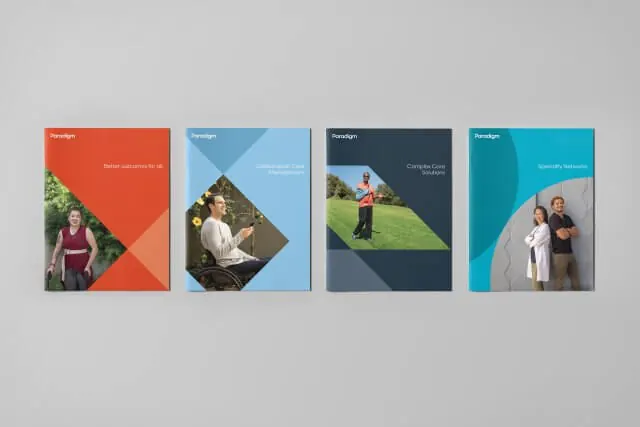 Four-card layout with diagonal photo overlays, minimal, geometric, light
