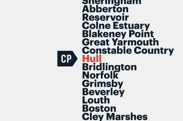 Regional directory list with monochrome type and color-blocked logo, minimal, monochrome, dark