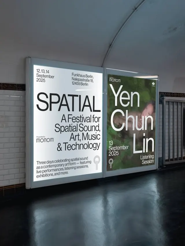 Dual-panel festival wayfinding installation, minimal, brutalist, light