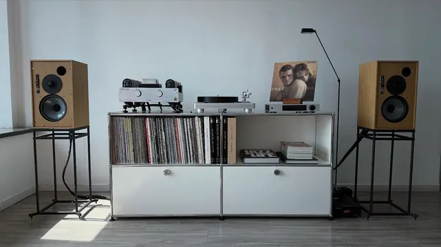 Midcentury audio system display with shelving, retro, minimal, light