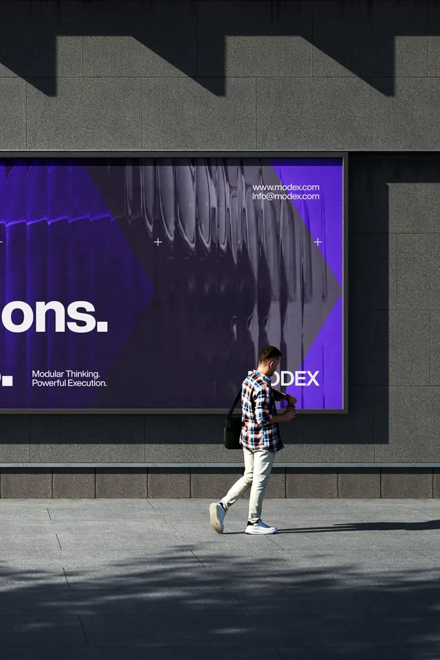 Storefront digital signage with vibrant purple branding display, minimal, technical, dark