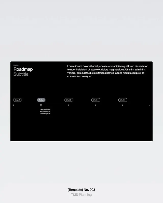 Dark timeline roadmap slide with week markers, minimal, corporate-clean, dark