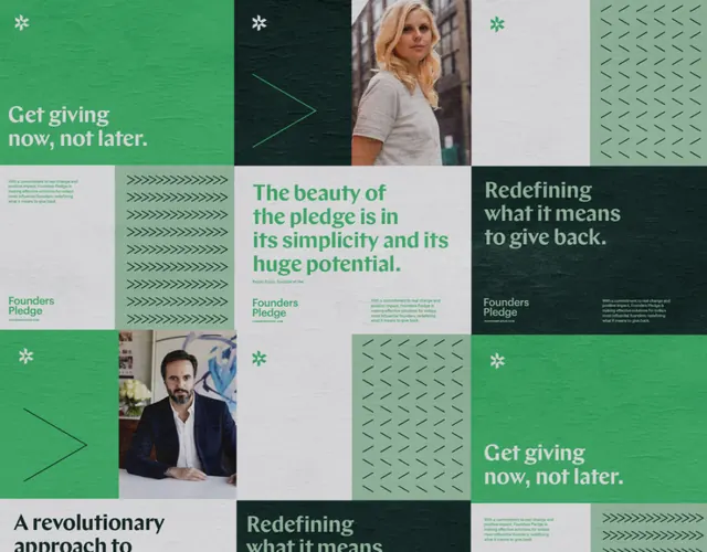 Nonprofit grid layout with sage green and off-white, minimal, corporate-clean, light