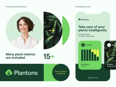 Plant monitoring SaaS: dashboard mockup with portrait and feature cards, minimal, corporate-clean, light