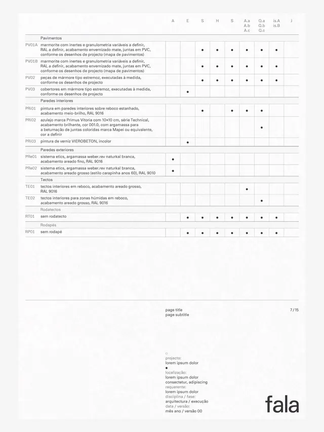 Materials specification chart with dot matrix, technical, minimal, light