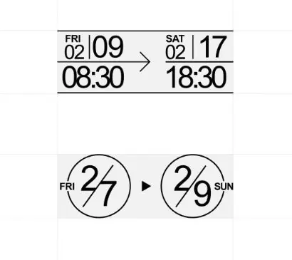 Minimal date-time range graphic with circular dials, minimal, technical, dark