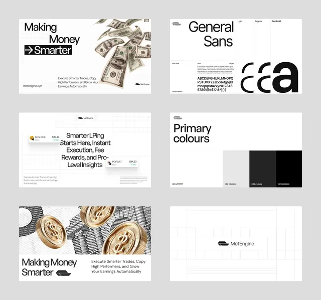 MetEngine fintech design system collage, minimal, corporate-clean, dark