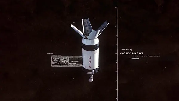 Centered spacecraft on dark ground with technical annotations, minimal, technical, dark