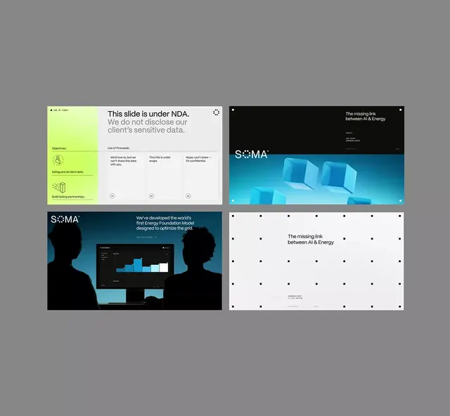 SOMA multi-slide corporate deck with lime-cyan color block, corporate-clean, minimal, dark