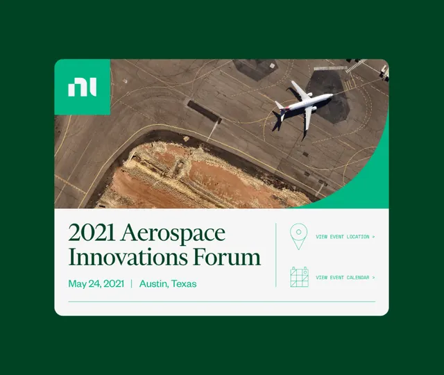 Aerial-photo event card with teal accent frame, minimal, corporate-clean, dark