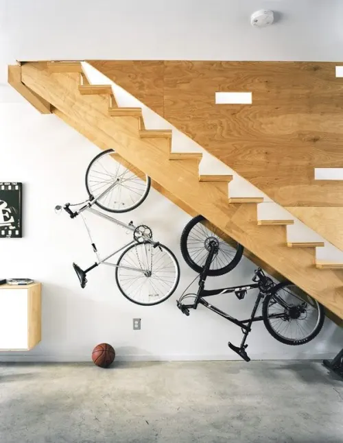 Interior Staircase with Bicycle Display, minimal, light-mode, light